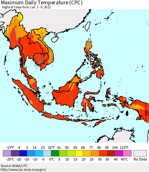 South East Asia Maximum Daily Temperature (CPC) Thematic Map For 1/3/2022 - 1/9/2022