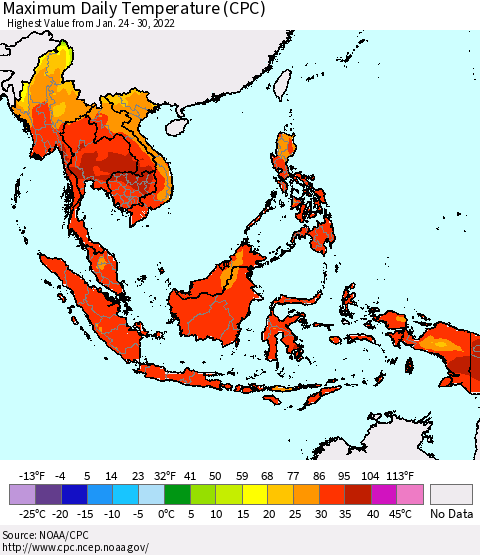 South East Asia Maximum Daily Temperature (CPC) Thematic Map For 1/24/2022 - 1/30/2022
