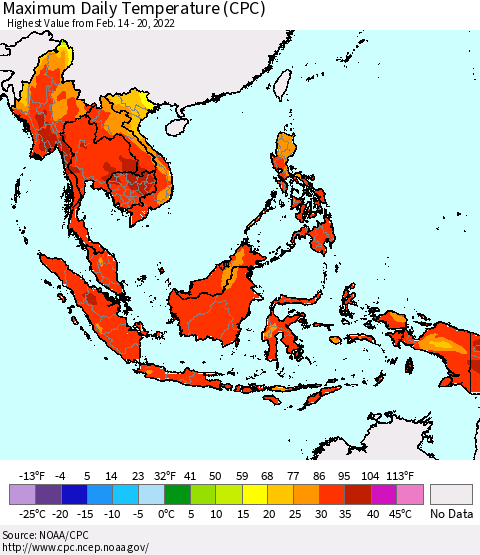 South East Asia Maximum Daily Temperature (CPC) Thematic Map For 2/14/2022 - 2/20/2022