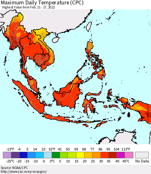 South East Asia Maximum Daily Temperature (CPC) Thematic Map For 2/21/2022 - 2/27/2022