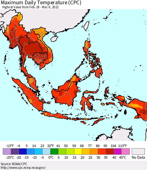 South East Asia Maximum Daily Temperature (CPC) Thematic Map For 2/28/2022 - 3/6/2022
