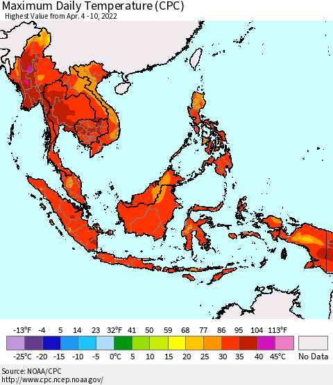 South East Asia Maximum Daily Temperature (CPC) Thematic Map For 4/4/2022 - 4/10/2022