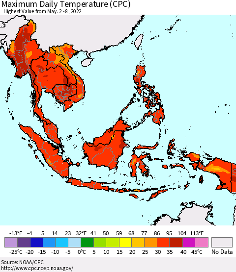 South East Asia Maximum Daily Temperature (CPC) Thematic Map For 5/2/2022 - 5/8/2022