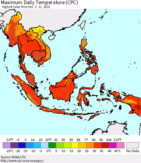 South East Asia Maximum Daily Temperature (CPC) Thematic Map For 12/5/2022 - 12/11/2022