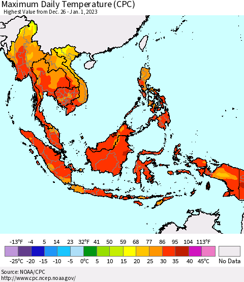 South East Asia Maximum Daily Temperature (CPC) Thematic Map For 12/26/2022 - 1/1/2023