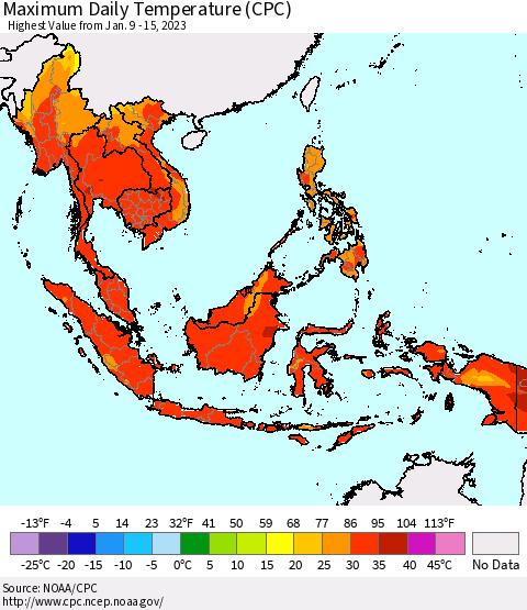 South East Asia Maximum Daily Temperature (CPC) Thematic Map For 1/9/2023 - 1/15/2023