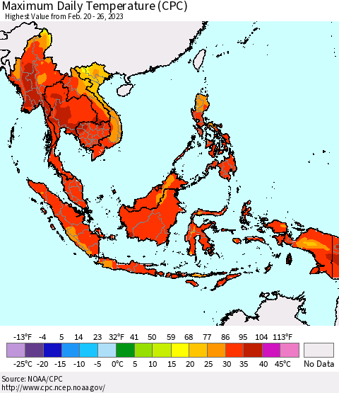 South East Asia Maximum Daily Temperature (CPC) Thematic Map For 2/20/2023 - 2/26/2023