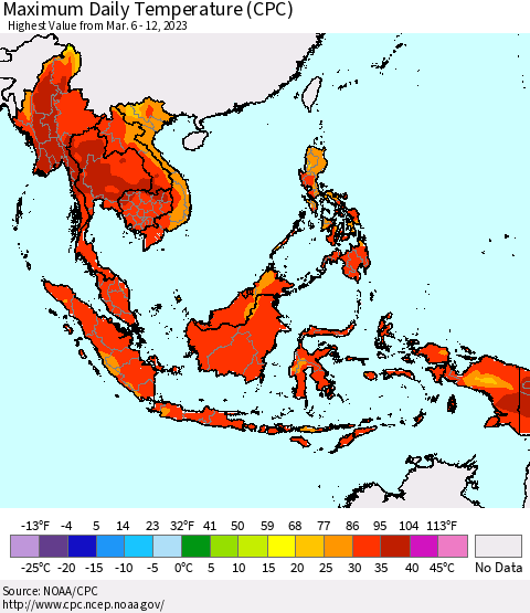 South East Asia Maximum Daily Temperature (CPC) Thematic Map For 3/6/2023 - 3/12/2023