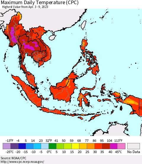 South East Asia Maximum Daily Temperature (CPC) Thematic Map For 4/3/2023 - 4/9/2023