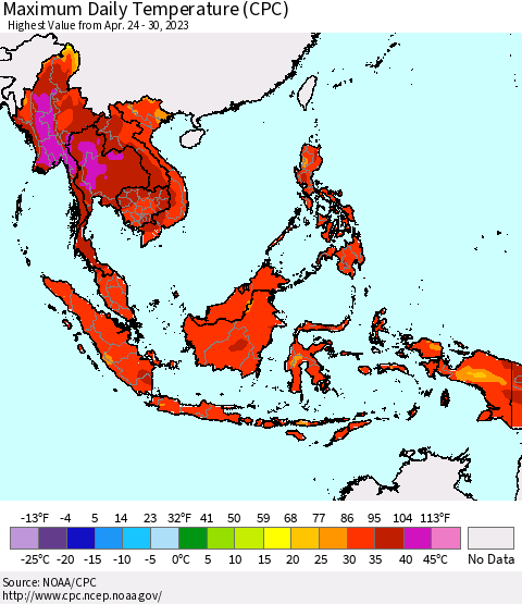 South East Asia Maximum Daily Temperature (CPC) Thematic Map For 4/24/2023 - 4/30/2023
