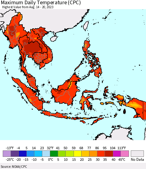 South East Asia Maximum Daily Temperature (CPC) Thematic Map For 8/14/2023 - 8/20/2023