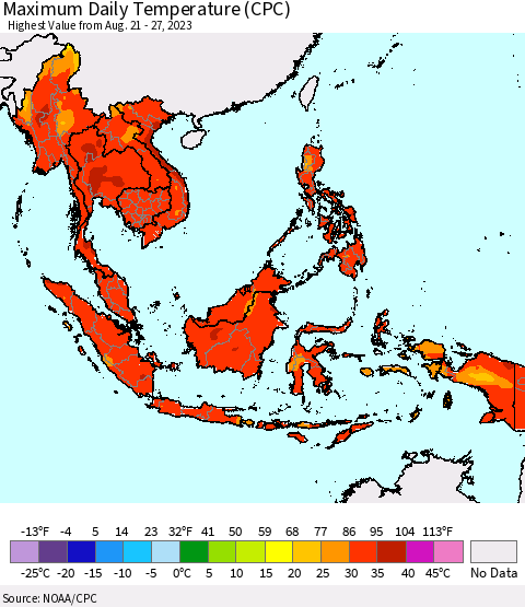 South East Asia Maximum Daily Temperature (CPC) Thematic Map For 8/21/2023 - 8/27/2023