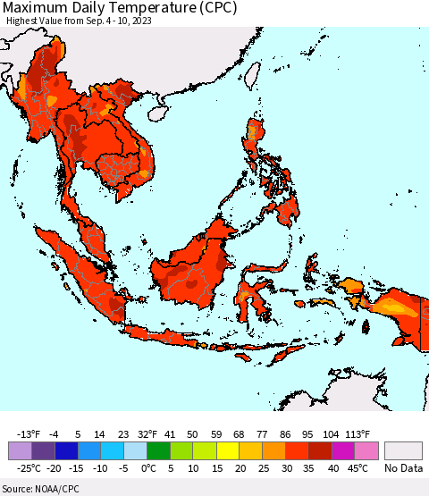 South East Asia Maximum Daily Temperature (CPC) Thematic Map For 9/4/2023 - 9/10/2023