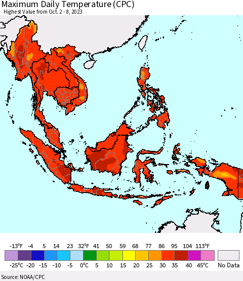 South East Asia Maximum Daily Temperature (CPC) Thematic Map For 10/2/2023 - 10/8/2023