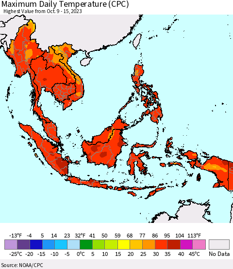 South East Asia Maximum Daily Temperature (CPC) Thematic Map For 10/9/2023 - 10/15/2023