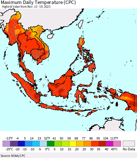 South East Asia Maximum Daily Temperature (CPC) Thematic Map For 11/13/2023 - 11/19/2023