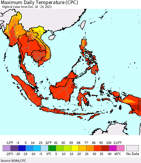 South East Asia Maximum Daily Temperature (CPC) Thematic Map For 12/18/2023 - 12/24/2023