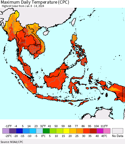 South East Asia Maximum Daily Temperature (CPC) Thematic Map For 1/8/2024 - 1/14/2024