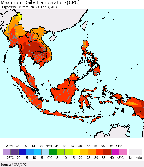 South East Asia Maximum Daily Temperature (CPC) Thematic Map For 1/29/2024 - 2/4/2024