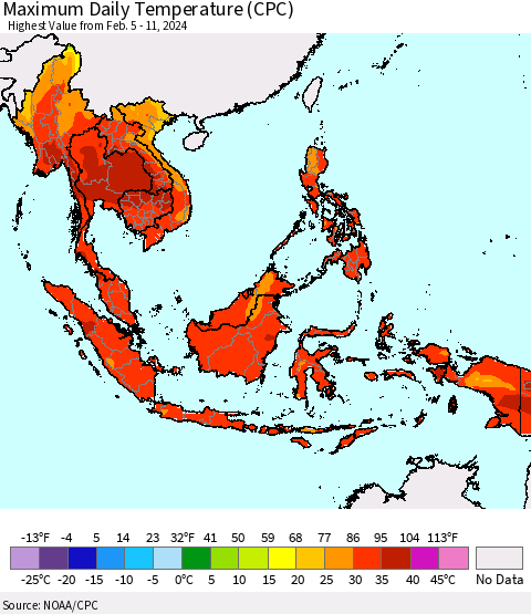 South East Asia Maximum Daily Temperature (CPC) Thematic Map For 2/5/2024 - 2/11/2024