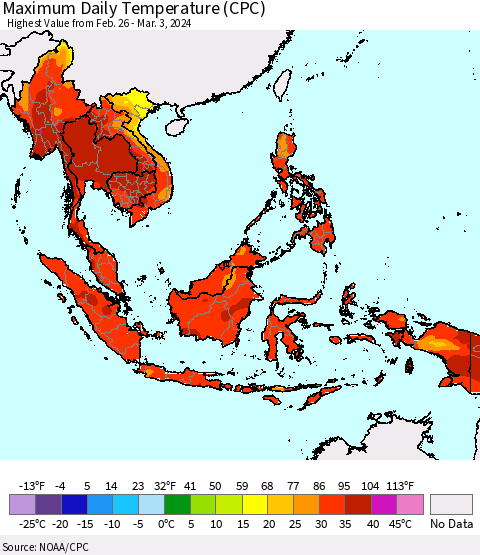 South East Asia Maximum Daily Temperature (CPC) Thematic Map For 2/26/2024 - 3/3/2024