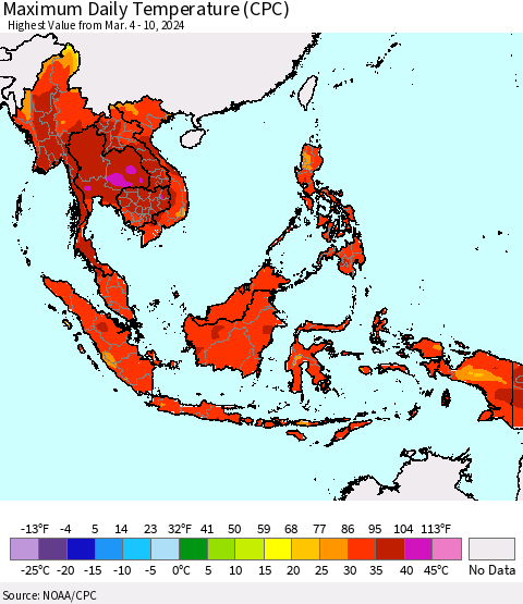 South East Asia Maximum Daily Temperature (CPC) Thematic Map For 3/4/2024 - 3/10/2024