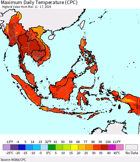 South East Asia Maximum Daily Temperature (CPC) Thematic Map For 3/11/2024 - 3/17/2024