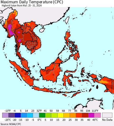 South East Asia Maximum Daily Temperature (CPC) Thematic Map For 3/25/2024 - 3/31/2024