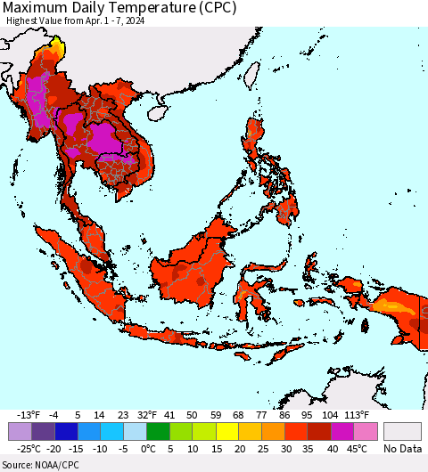 South East Asia Maximum Daily Temperature (CPC) Thematic Map For 4/1/2024 - 4/7/2024