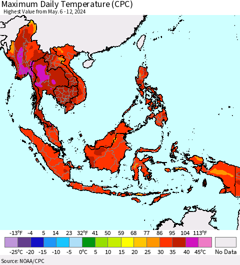 South East Asia Maximum Daily Temperature (CPC) Thematic Map For 5/6/2024 - 5/12/2024