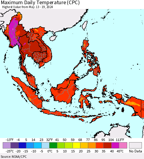 South East Asia Maximum Daily Temperature (CPC) Thematic Map For 5/13/2024 - 5/19/2024