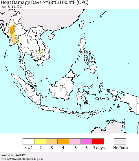 South East Asia Heat Damage Days >=38°C/100°F (CPC) Thematic Map For 4/5/2021 - 4/11/2021