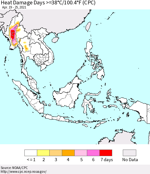 South East Asia Heat Damage Days >=38°C/100°F (CPC) Thematic Map For 4/19/2021 - 4/25/2021