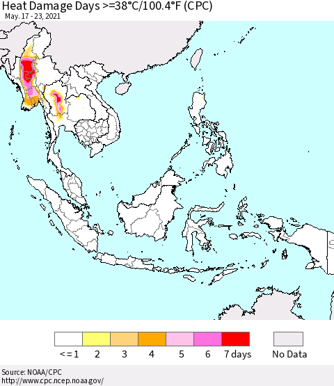 South East Asia Heat Damage Days >=38°C/100°F (CPC) Thematic Map For 5/17/2021 - 5/23/2021