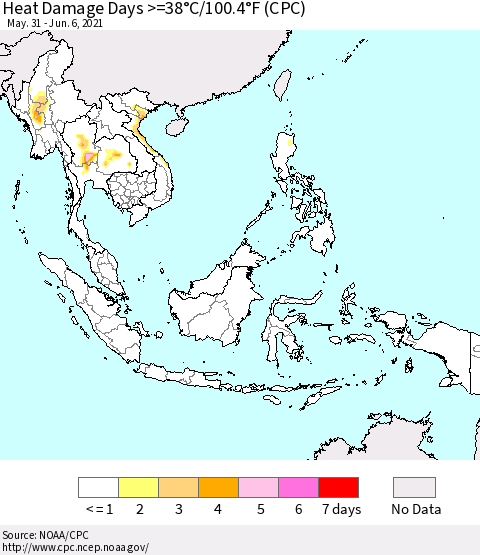South East Asia Heat Damage Days >=38°C/100°F (CPC) Thematic Map For 5/31/2021 - 6/6/2021