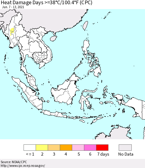 South East Asia Heat Damage Days >=38°C/100°F (CPC) Thematic Map For 6/7/2021 - 6/13/2021