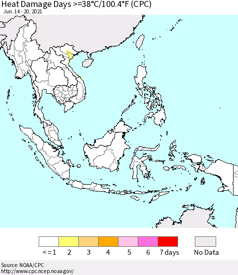 South East Asia Heat Damage Days >=38°C/100°F (CPC) Thematic Map For 6/14/2021 - 6/20/2021