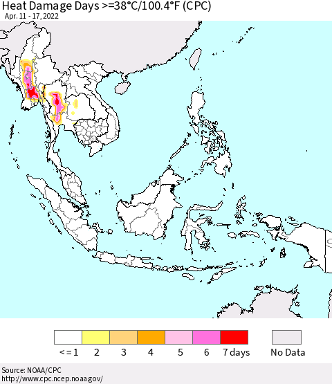South East Asia Heat Damage Days >=38°C/100°F (CPC) Thematic Map For 4/11/2022 - 4/17/2022