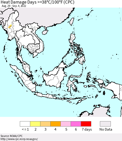 South East Asia Heat Damage Days >=38°C/100°F (CPC) Thematic Map For 8/29/2022 - 9/4/2022