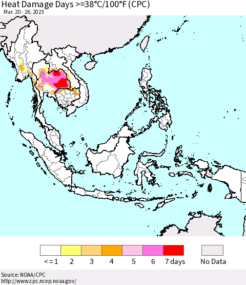 South East Asia Heat Damage Days >=38°C/100°F (CPC) Thematic Map For 3/20/2023 - 3/26/2023