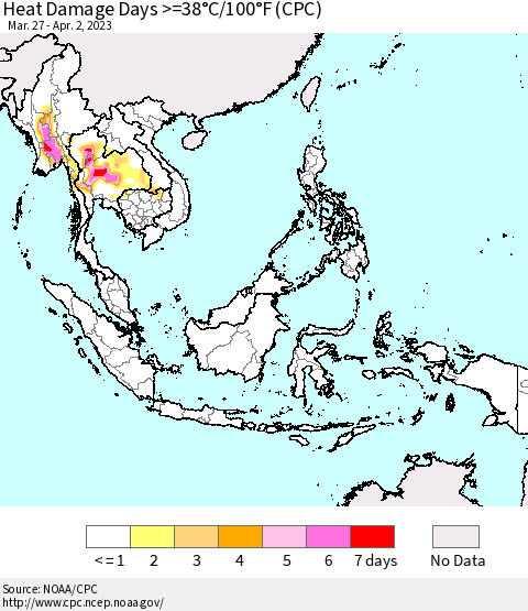 South East Asia Heat Damage Days >=38°C/100°F (CPC) Thematic Map For 3/27/2023 - 4/2/2023