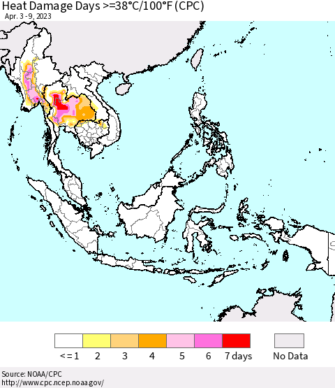 South East Asia Heat Damage Days >=38°C/100°F (CPC) Thematic Map For 4/3/2023 - 4/9/2023