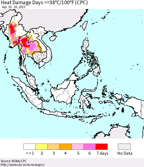 South East Asia Heat Damage Days >=38°C/100°F (CPC) Thematic Map For 4/10/2023 - 4/16/2023