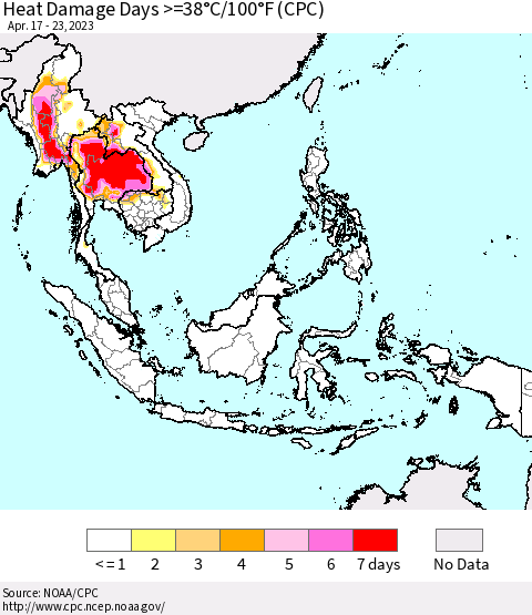 South East Asia Heat Damage Days >=38°C/100°F (CPC) Thematic Map For 4/17/2023 - 4/23/2023