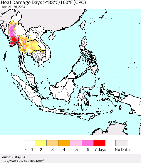 South East Asia Heat Damage Days >=38°C/100°F (CPC) Thematic Map For 4/24/2023 - 4/30/2023