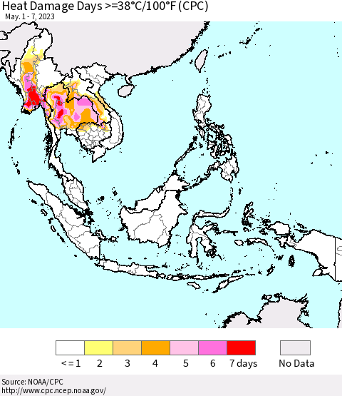 South East Asia Heat Damage Days >=38°C/100°F (CPC) Thematic Map For 5/1/2023 - 5/7/2023