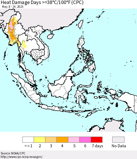 South East Asia Heat Damage Days >=38°C/100°F (CPC) Thematic Map For 5/8/2023 - 5/14/2023