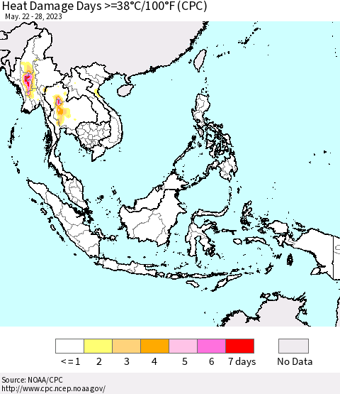 South East Asia Heat Damage Days >=38°C/100°F (CPC) Thematic Map For 5/22/2023 - 5/28/2023