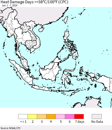 South East Asia Heat Damage Days >=38°C/100°F (CPC) Thematic Map For 1/1/2024 - 1/7/2024