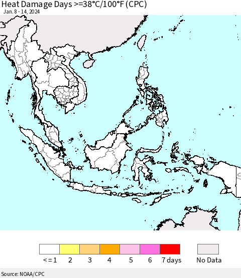 South East Asia Heat Damage Days >=38°C/100°F (CPC) Thematic Map For 1/8/2024 - 1/14/2024